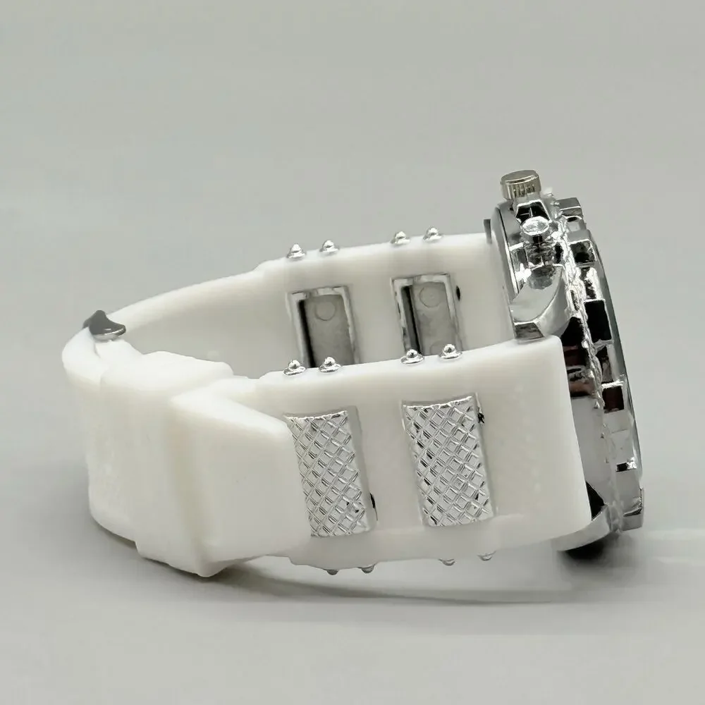 Geneva Mens Silver Tone Chronograph Style Watch White Silicone Sport Band